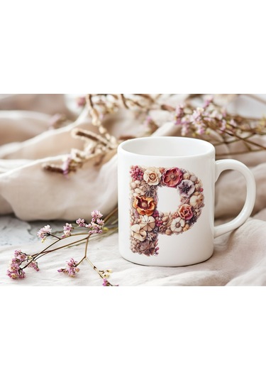 P Harfi Çiçek Desenli Kupa Bardak - Alfabe Harfleri İle Doğal Çiçekli Kupa - Hediye Fikir Beyaz