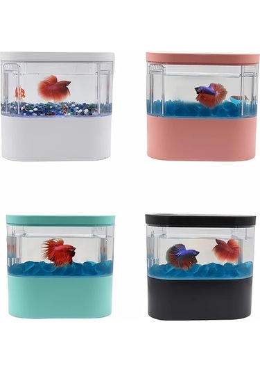 Xuweiwei Led Işıklı Dahili Su Pompası Mini Masaüstü Akvaryum Camgöbeği Beyaz Pembe Siyah Turkuaz Reçine Balık Tankı Ev Dekoru