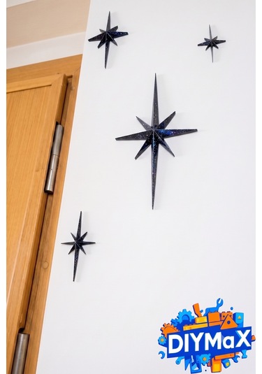 Yıldız Duvar Dekoru 4'lü Set Mid-century Modern Starburst Dekoratif Duvar Süsü - Siyah