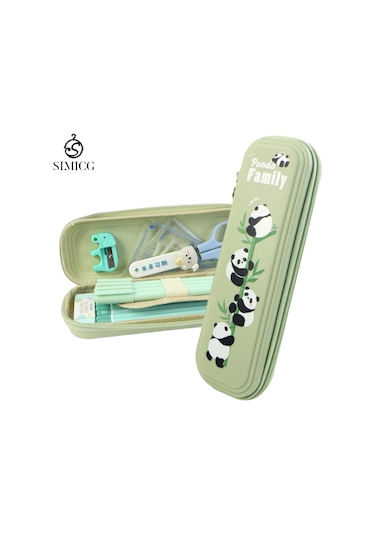 Panda Büyük Kapasiteli Su Geçirmez Çift Katmanlı Plastik Kalem Kutusu Yeşil