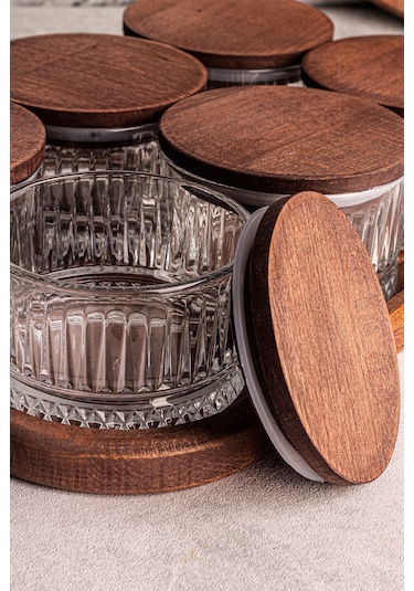 Snippy Bella Yuvarlak 6'lı Vakum Kapaklı Tepsili Cam Kahvaltılık Ahşap - Şeffaf