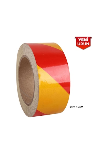 Reflektif Fosforlu Çapraz Şerit Bant, Çift Renk Reflekte İkaz Bandı 5cm X 25m - Sarı Kırmızı 6007