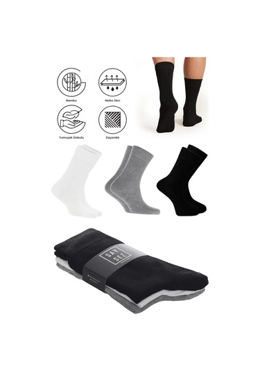 Bambu Erkek Soket Uzun Düz Siyah-beyaz-gri Çorap Dikişsiz Premium Paket 3'lü / Yıkamalı Kokulu Çorap Beyaz - Gri - Siyah