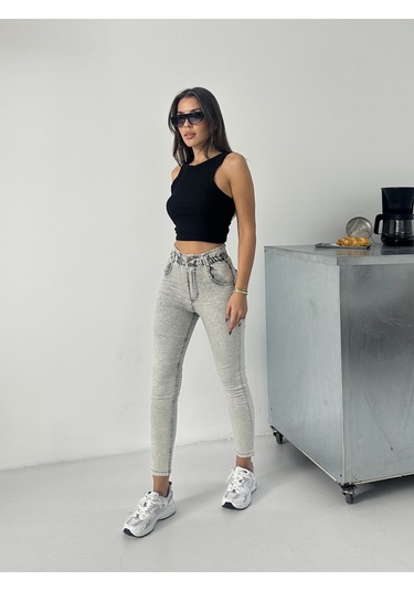 Kadın Kemer Büzgülü Power Dar Paça Kot Pantolon Gri