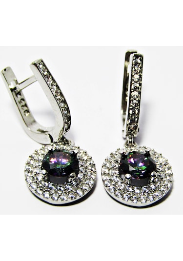 Lilahgümüştr Gümüş Mistik Topaz Taşlı Yuvarlak Kadın Kolye Küpe