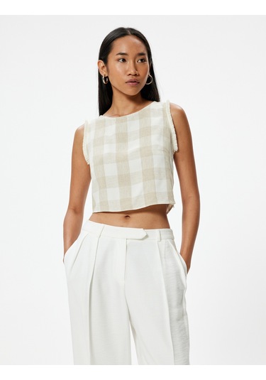 Koton Keten Karışımlı Crop Oversize Üst Kolsuz Yuvarlak Yaka Kareli Bej Ekose 4sak30018uw Bej