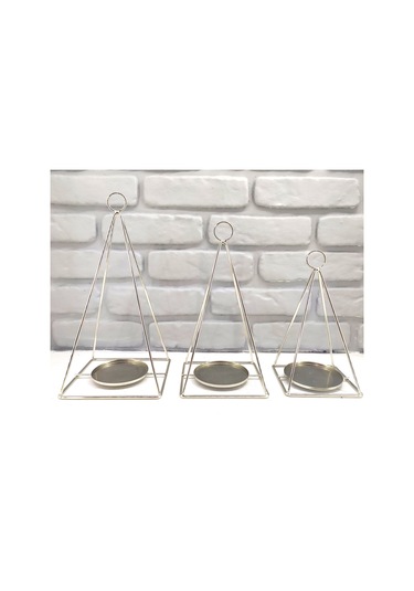 Gold / Gümüş Kaplama Dekoratif Modern Piramit Dizayn 3lü Mumluk Gold