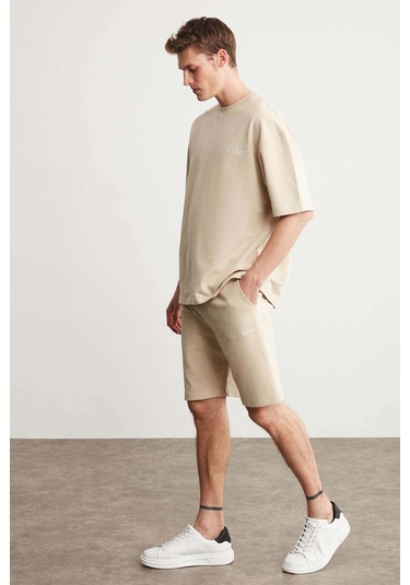GRIMELANGE Colombıa Erkek 2'li Set Comfort Fit Rahat Kalıp Yazı Nakışlı Şardonsuz Bej Eşofman Takımı Bej