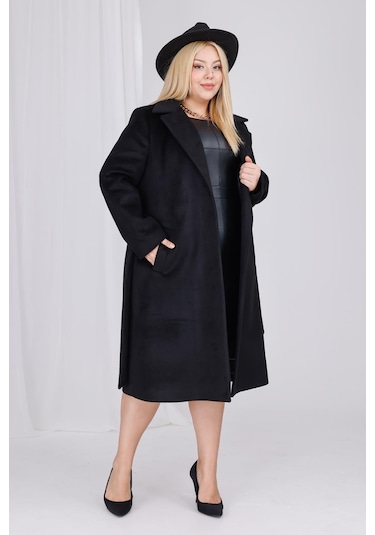 Kadın Siyah Yün Kaşe Kemer Ve Astar Detay Büyük Beden Kaban Siyah