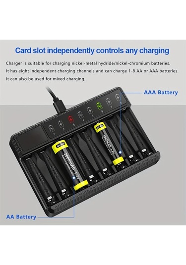 Xuweiwei Lcd Ekranlı 8 Yuvalı Aa Aaa Pil Şarj Cihazı Akıllı Aşırı Şarj Koruması Type C Hızlı Şarj Piller Dahil Değil