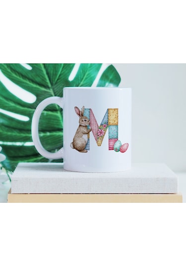 M Harfli Tavşan Kupa - Patchwork / Yamalı Desenli İsme Özel Kupa - Pastel Vintage Tarz Hediyelik 07 Beyaz