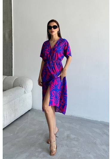 Kadın Mor Derin V Yaka Yazlık Uzun Önden Yırtmaçlı Viskon Elbise