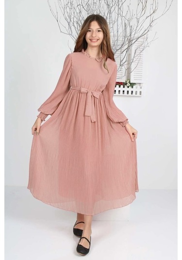 Kız Çocuk Uzun Boydan Pliseli Şifon Elbise Pudra
