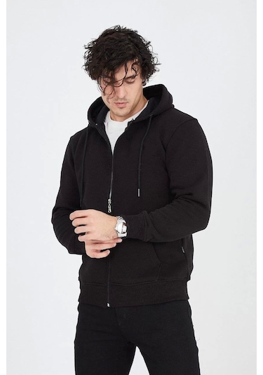 Erkek Kapüşonlu Düz Fermuarlı Hırka - Siyah Siyah