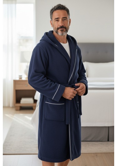 % 100 Pamuklu Laodikeia Kapşonlu Unisex Kadın Erkek Bornoz Lacivert