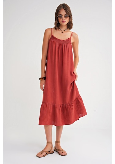 4740 Kadın Askılı Müslin Midi Elbise Kiremit Kiremit