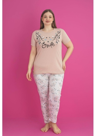 X-dreamy Büyük Beden Pamuklu Çiçekli Kısa Kollu Pijama Takımı Kahverengi