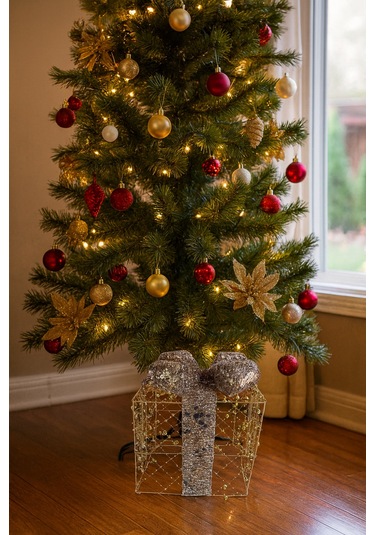 15x15 Cm Yılbaşı Hediye Paketi Metal Süs - Gold Gümüş Payetli Boncuklu Lüks Noel Ağaç Altı Dekorasyonu Diğer