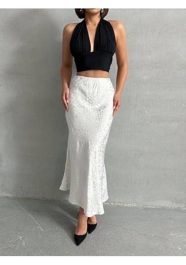 Kadın Leopar Desenli Uzun Saten Etek Beyaz