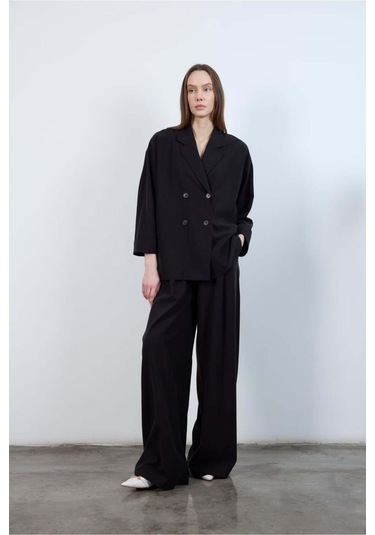 Kadın Keten Rahat Kesim Ceket Pantolon Alt-üst Takım Siyah
