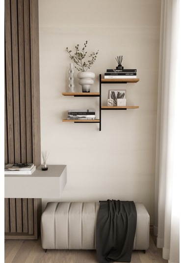Aju 4 Katlı Duvar Rafı Metal Çerçeveli Dekoratif Kitaplık Ve Raf Ünitesi Modern Ve Minimalist Tasarımm Siyah