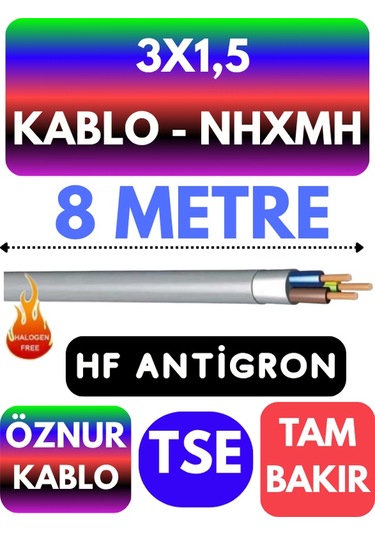 Öznur 3x1,5 Nhxmh Alev İletmez Kablo Metre Seçenekli Gri - 8 Metre