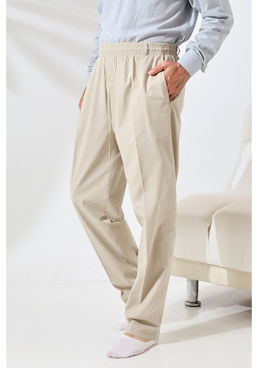 Erkek Krem Rahat Kesim Beli Lastikli Keten Hac Ve Umre Şalvar Pantolon Krem