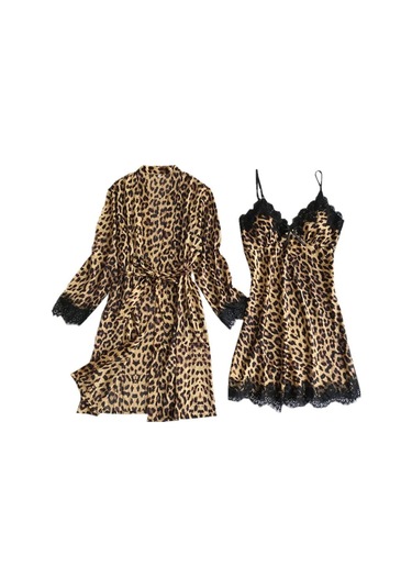 Kadın İpek Pijama Takımı Saten Gecelik Kadın Setleri V Yaka Kahverengi