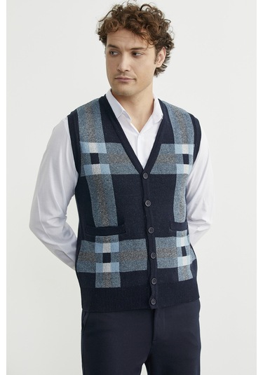 Düğmeli Yünlü Kalın Triko Yelek - Lacivert Lacivert