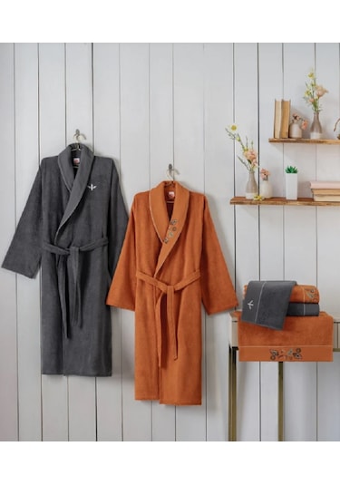 Cottonbox Folk Art Aile Bornoz Seti Dalila Tarçın-antrasit Antrasit