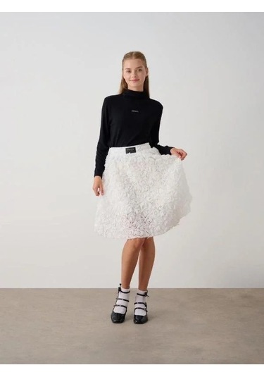 Kız Çocuk Beli Lastikli Gül Desenli Etek-14787 Ekru