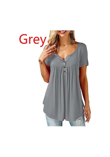 Gri Bayan O Boyun Düğmesi Gevşek Elastik Bayanlar Kısa Kollu Tunik Gömlek Kadın Rahat Bluzlar Tops Gri