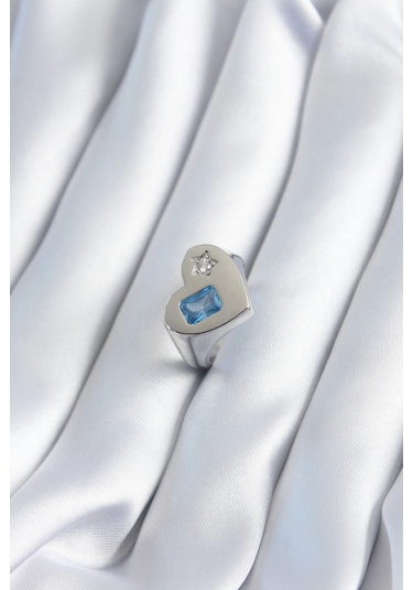 Pirinç Gümüş Renk Kalp Model Yıldız Zirkon Taş Detay Kadın Yüzük Çok Renkli