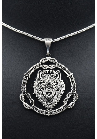 Prestij Gümüş Bozkurt Göktürkçe Türk Yazılı 925 Ayar Erkek Gümüş Kolye Zincir