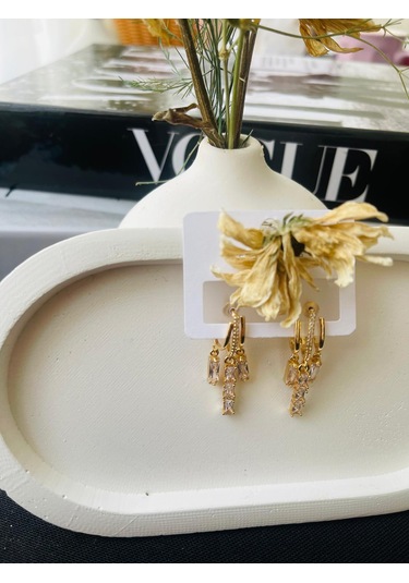 3 Lü Model Zirkon Taşlı Çelik Küpe Altın