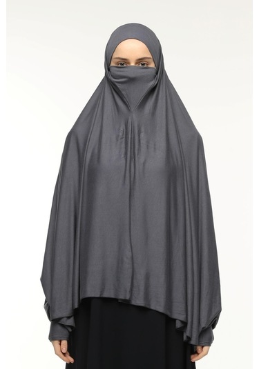 Kollu Sufle Çarşaf Üstü Peçeli Pratik Tesettür Hijab - Nikaplı Namaz Örtüsü Füme