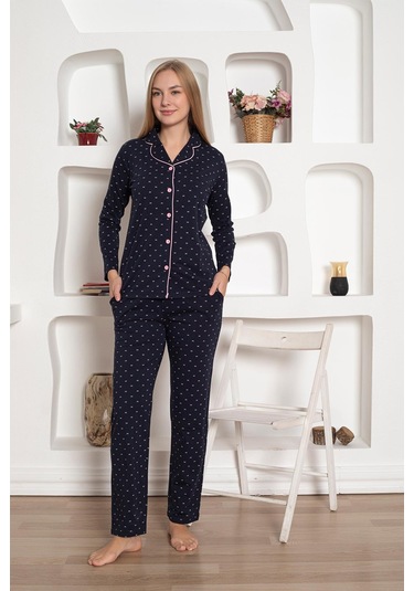Boydan Düğmeli Gömlek Yaka Uzun Kol Kadın Pijama Takımı - Desenli Pamuklu Likralı Penye Cepli Alt Lacivert