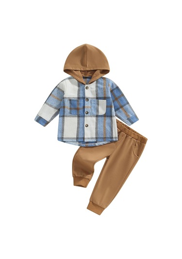 Mavi Yürüyor Erkek Bebek Giysileri Uzun Kollu Ekose Hoodie Kazak + Eşofman Küçük Çocuk Sonbahar Kış Kıyafetler Set Tops Mavi
