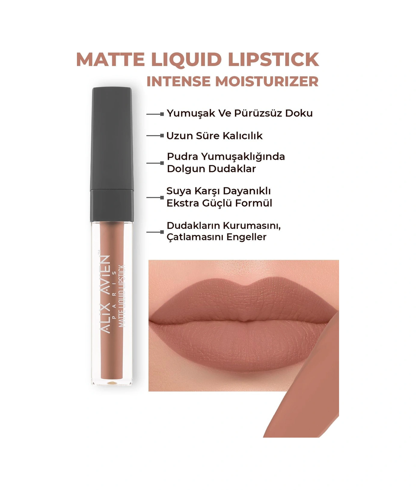Alix Avien Uzun Süre Kalıcı Kadifemsi Kuruma Yapmayan Mat Likit Ruj Matte Liquid Lipstick 501 Caramel Nude
