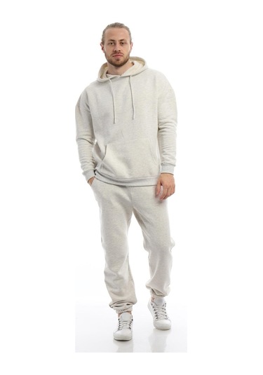 Erkek Kapüşonlu Kanguru Cepli Sweatshirt Kar Melanj