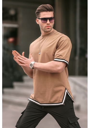 Madmext Kapuçino Bisiklet Yaka Şeritli Tişört 6097-kapuçino Bej