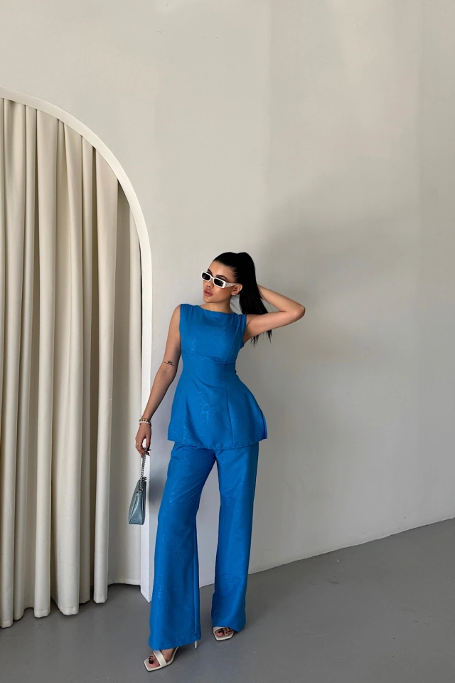 Emh Store Jakar Keten Kolsuz Bluz-pantolon Tk - Mavi Mavi
