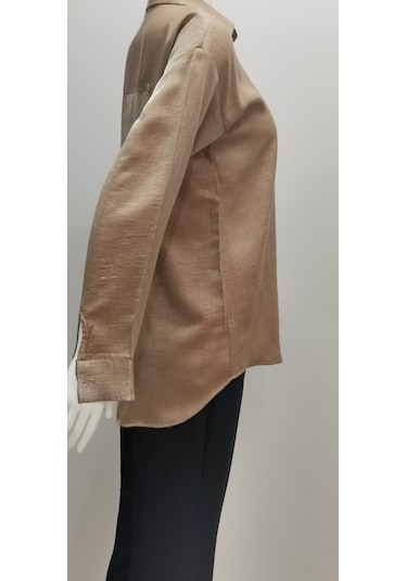 Kadın Uzun Kollu Düğmeli Salaş Parlak Dokuma Kumaş Kahve Rengi Kahverengi