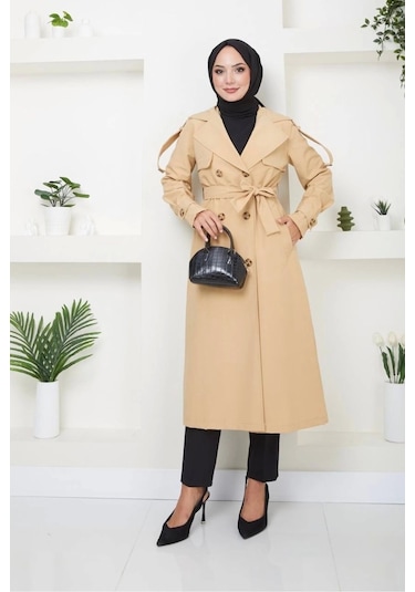 Kruvaze Yaka Bondit Kumaş Trençkot / M0106 - Camel Metalik Camel