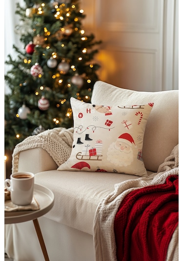 Charm Noel Temalı Özel Renkli Baskılı Bej Kırlent 43x43 35265a Bej