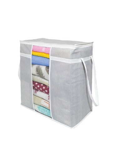 Pencereli Saklama Çantası Çizgili Çok Amaçlı 50x45x30 Cm Gri-beyaz
