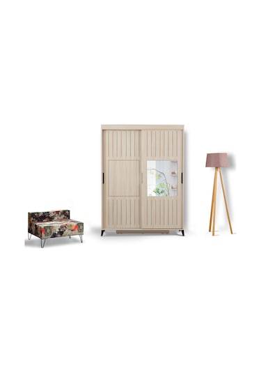 Pasifichome Huga Sürgülü Gardırop Meşe 130Cm / 2 Kapaklı Çekmeceli Dolap