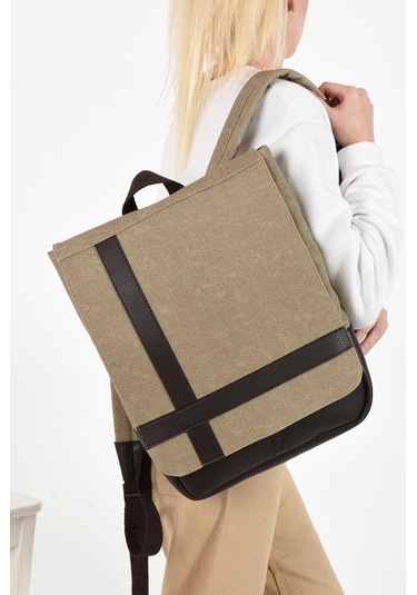 Kadın Sırt Çantası 35 22 Cm Kanvas Kumaş Laptop Bölmeli Business Sırt Çantası Okul Çantası Mega Bag Bej