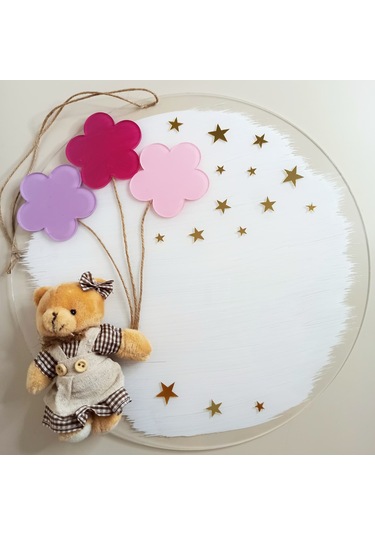 Kişiye Özel İsimli Ayıcıklı Kız Bebek Kapı Süsü Beyaz - Pembe