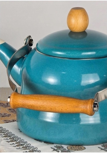 Vintage Ahşap Saplı Emaye Demlik Kettle 2,5lt Turkuaz Kr322-c Turkuaz